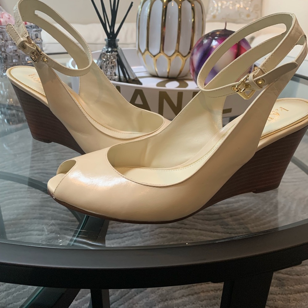 Women’s cream ankle strapped wood look platform peel toe heels by RALPH LAUREN